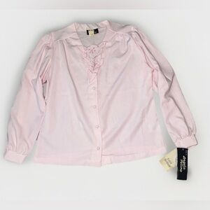 Vintage Blouse Floral Appliqué Women's Size 14 Pink Long Sleeve Button Shirt Top